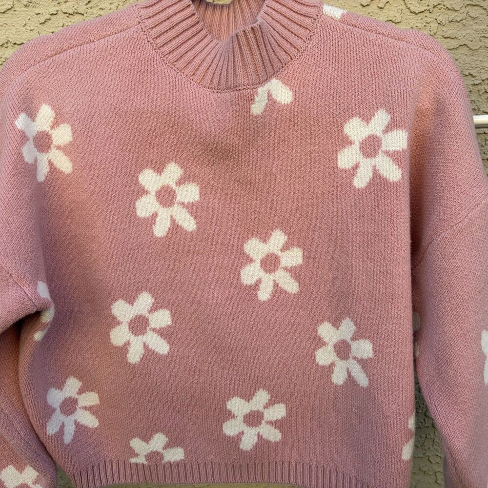 Hollister Crop Sweater Pink Floral Knit Pullover Sweater Mock Neck Garden Fairy